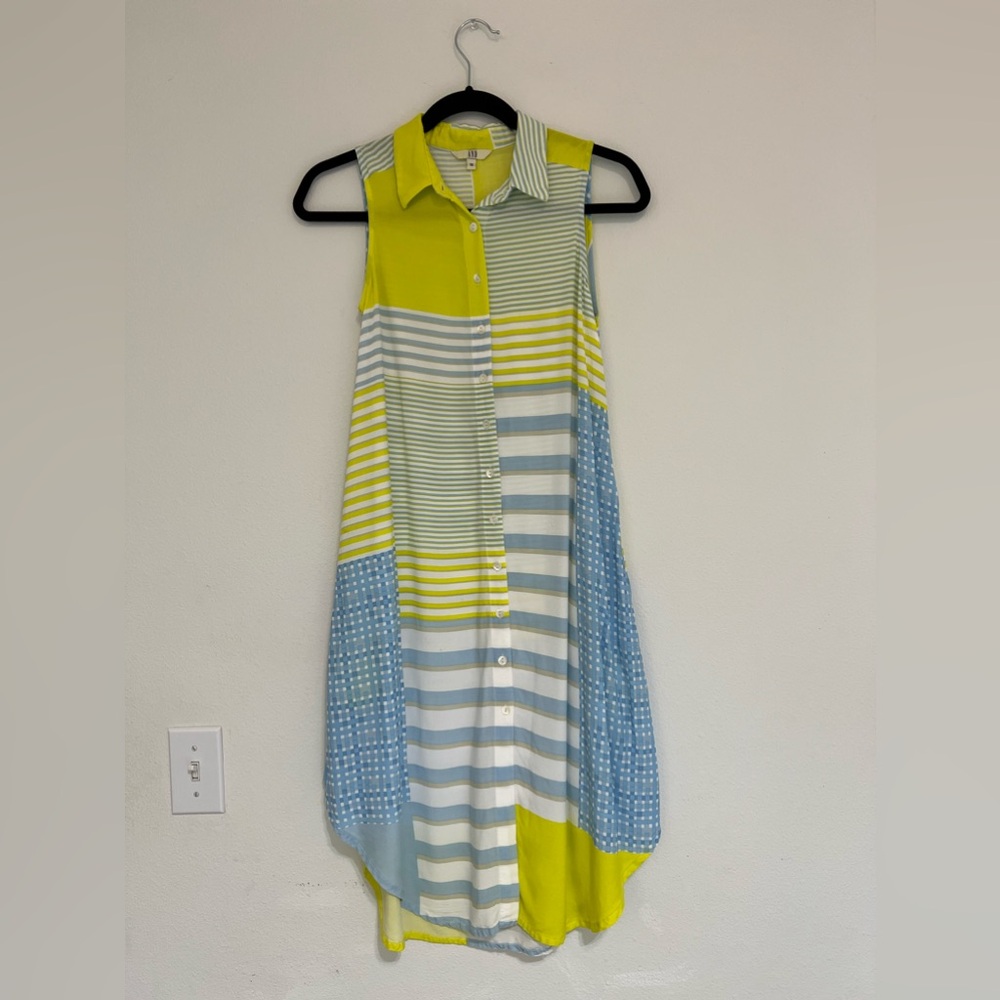 AND Blue Yellow Stripe Pearl Button Knee Length Dress